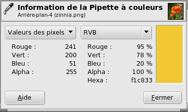 La fenêtre d'information de l'outil Pipette à couleurs