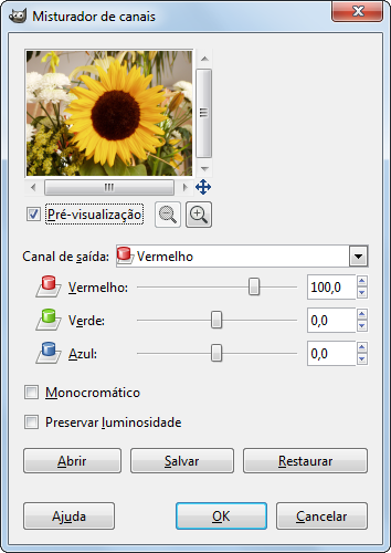 Opções do comando Misturador de Canais