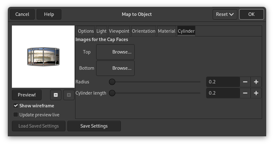 Options du filtre « Plaquer sur un objet » (cylindre)